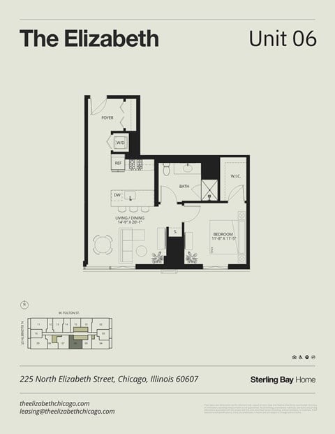 Floor plan for 1 bed, 1 bath, 766 sqft